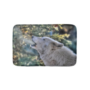 Alfombrilla De Baño Lobo blanco llorando en un bosque de invierno