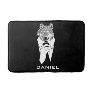 Alfombrilla De Baño Lobo divertido hipster con esmoquin negro personal