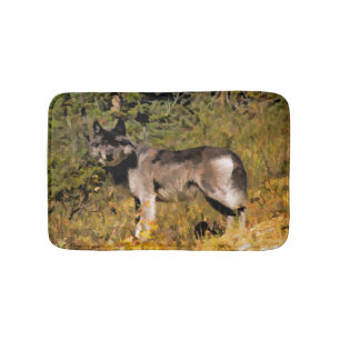 Alfombrilla De Baño Lobo gris de verano y bosque salvaje