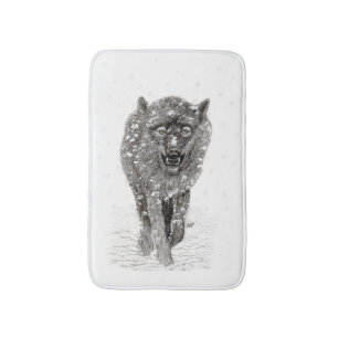 Alfombrilla De Baño Lobo negro enojado en la nieve, invierno salvaje
