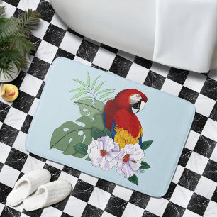 Alfombrilla De Baño Loro Guacamayo Rojo Floral Hibisco Tropical Blanco