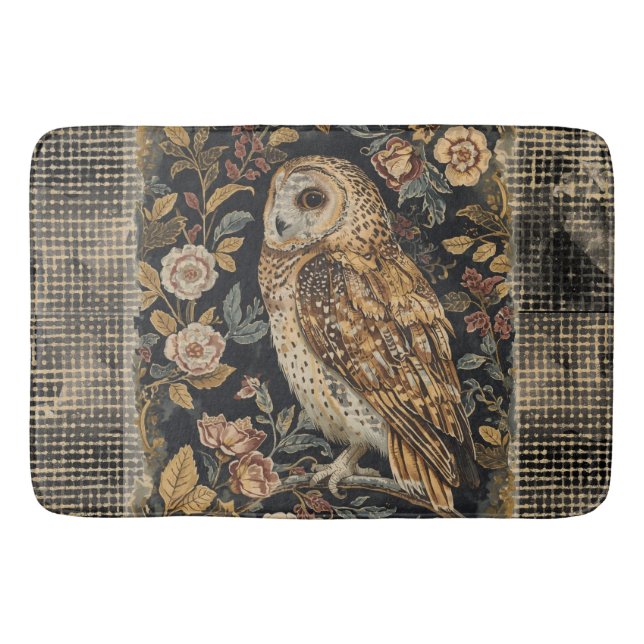 Alfombrilla De Baño Lovely Owl in the Flowers Garden ,Gold Checkered , (Anverso)