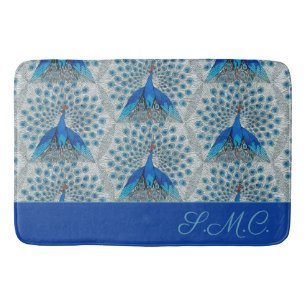 Alfombrilla De Baño Lujo Monograma Turquesa Azul Verde Patrón de Pavo 
