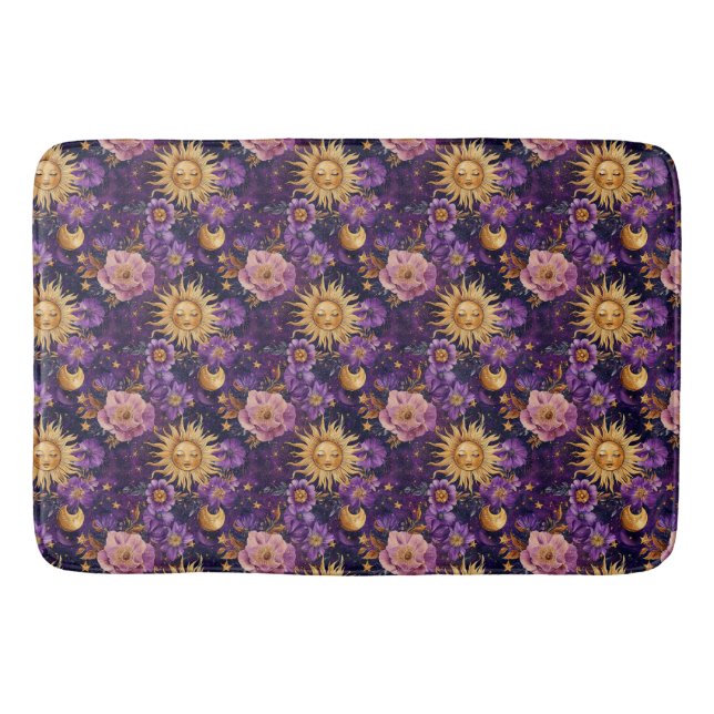 Alfombrilla De Baño Luna y estrellas moradas celestes florales (Anverso)