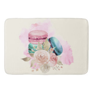 Alfombrilla De Baño Macarons Coloridos y Flores Acuarela