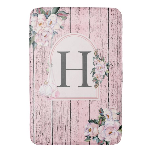 Alfombrilla De Baño Madera de granero rosa con botellas Perfume rosada (Frente vertical)
