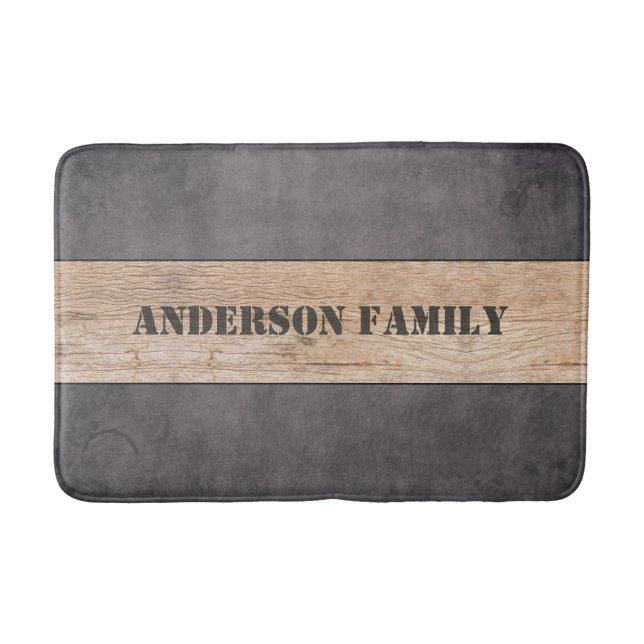 Alfombrilla De Baño Madera sobre fondo oscuro, nombre familiar (Anverso)