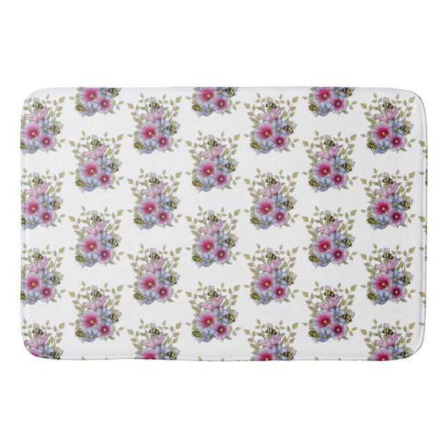 Alfombrilla De Baño Malvarrosas y flores azules con abejas (Anverso)