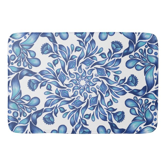 Alfombrilla De Baño Mandala de flores y hojas en azul (Anverso)