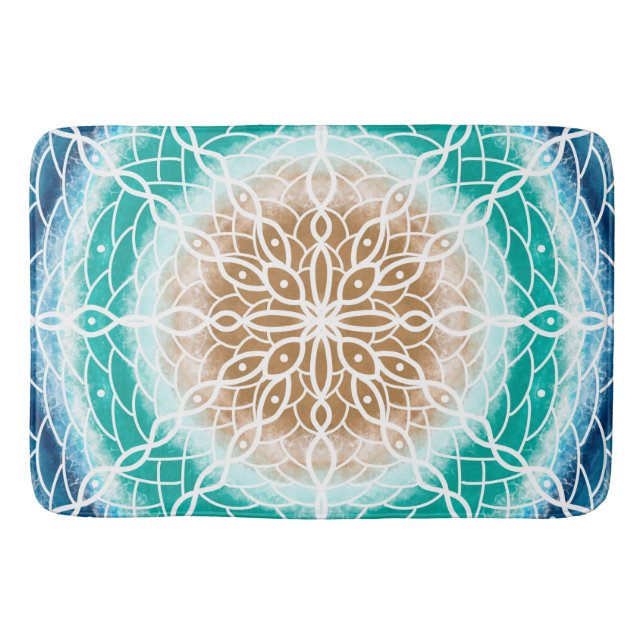 Alfombrilla De Baño Mandala Verde azulada y turquesa con olas redondea (Anverso)