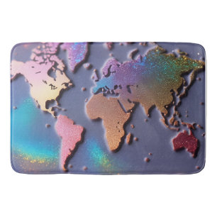 Alfombrilla De Baño Mapa del mundo colorido 3D con purpurina brillante