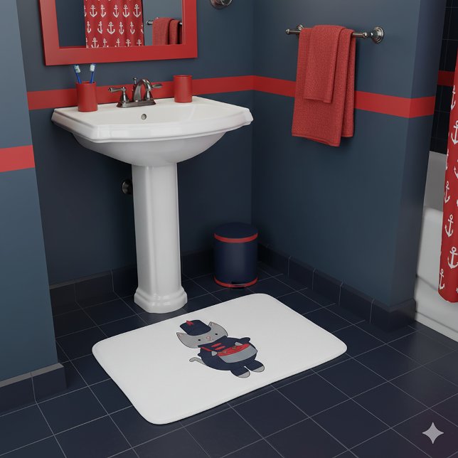 Alfombrilla De Baño Marching Band Cat Drummer Navy Blue Red (A bath mat featuring a cat playing the drums in a navy blue & red marching band uniform.)