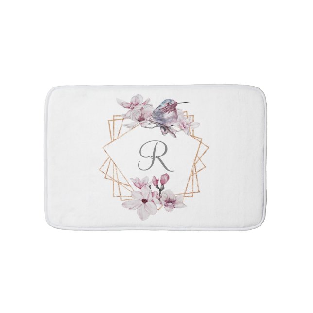 Alfombrilla De Baño Marco dorado Monograma rosa blanco Magnolias (Anverso)