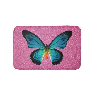 Alfombrilla De Baño Mariposa Azul En La Mata De Baño De Purpurina Rosa