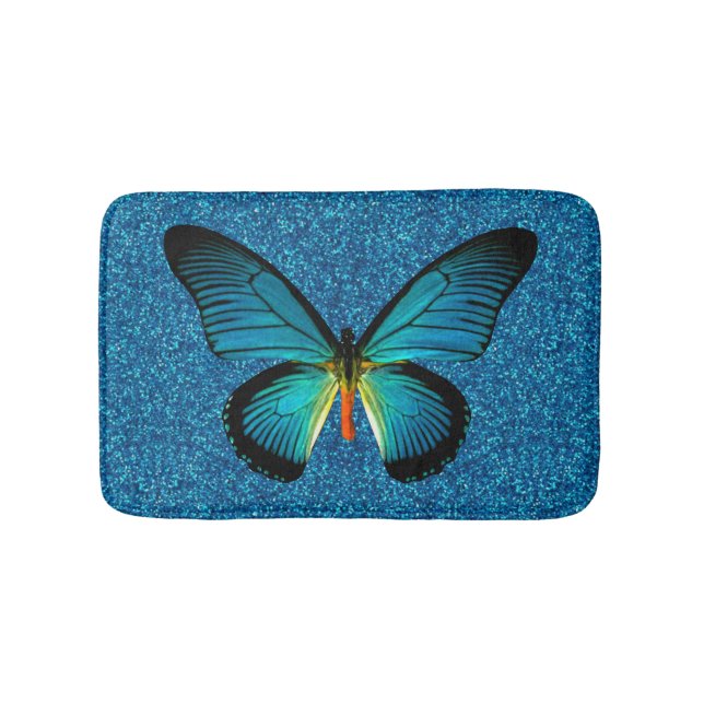 Alfombrilla De Baño Mariposa Azul Sobre La Mata De Baño De Purpurina A (Anverso)