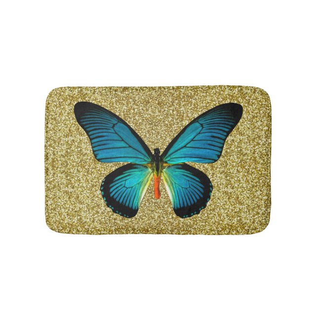 Alfombrilla De Baño Mariposa Azul Sobre La Mata De Baño De Purpurina D (Anverso)