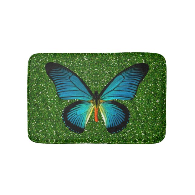 Alfombrilla De Baño Mariposa Azul Sobre La Mata De Baño De Purpurina V (Anverso)