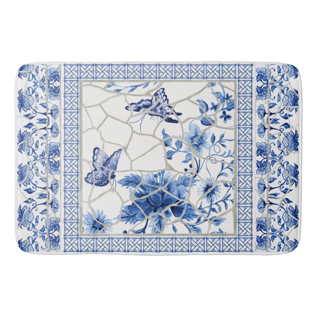 Alfombrilla De Baño Mariposa Chinoiserie Moda Floral Leaf Azul Blanco (Anverso)