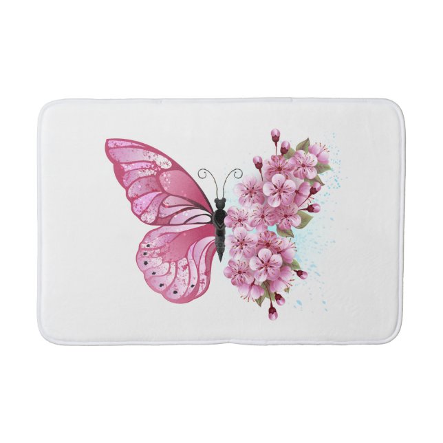 Alfombrilla De Baño Mariposa de flores con Sakura rosa (Anverso)