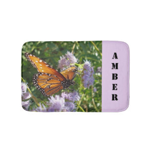 Alfombrilla De Baño Mariposa Monarca Hermosa Flores Púrpura Animal