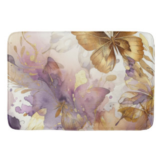 Alfombrilla De Baño Mariposas Acuarela Mariposas Morado y Dorado