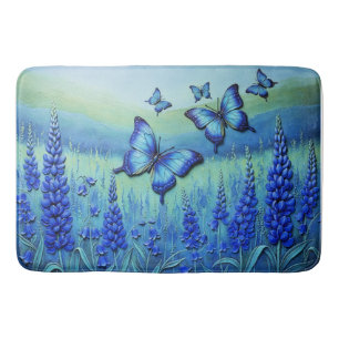 Alfombrilla De Baño Mariposas Azules con Flores Azules,