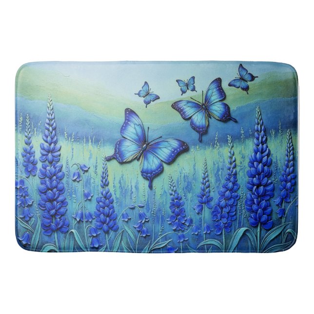 Alfombrilla De Baño Mariposas Azules con Flores Azules, (Anverso)