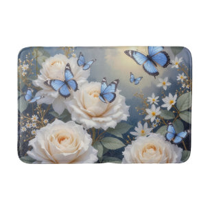 Alfombrilla De Baño Mariposas Azules Sobre Rosas Blancas y Margaritas