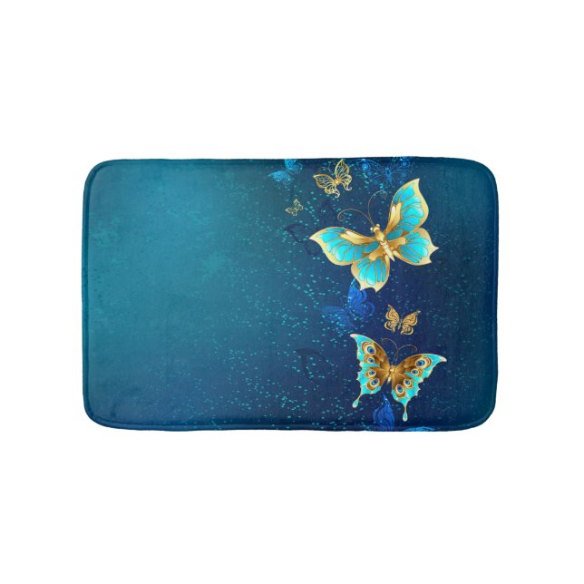 Alfombrilla De Baño Mariposas doradas sobre fondo azul (Anverso)