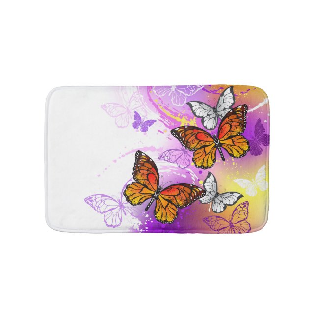 Alfombrilla De Baño Mariposas monarcas en fondo morado (Anverso)