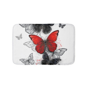 Alfombrilla De Baño Mariposas Morpho voladoras negras y rojas