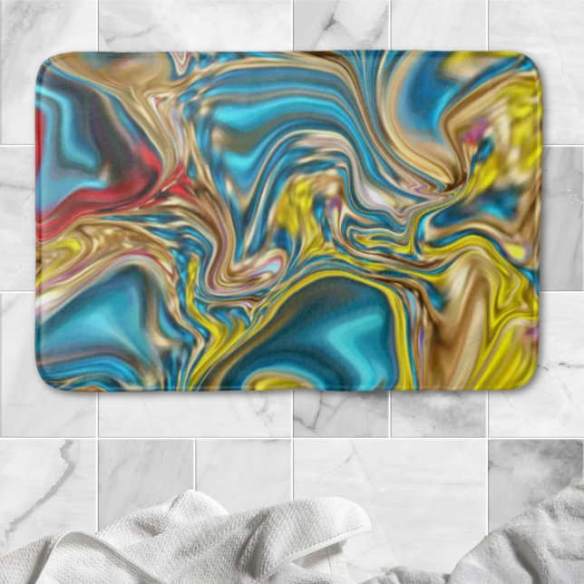 Alfombrilla De Baño mármol abstracto giratorio amarillo azul turquesa  (abstract marble swirls yellow teal turquoise blue bath mat)