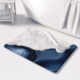 Alfombrilla De Baño Mármol Blanco Agata Azul Marino Brillo Plateado