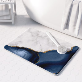 Alfombrilla De Baño Mármol Blanco Agata Azul Marino Dorado