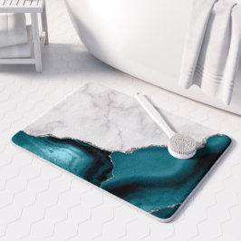 Alfombrilla De Baño Mármol Blanco Agata Azul Teal Plata