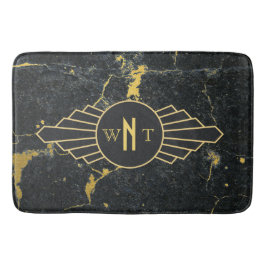Alfombrilla De Baño Mármol de oro negro tres letras Monograma Art Deco