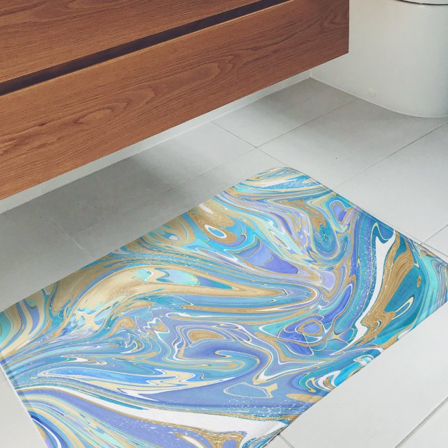 Alfombrilla De Baño Mármol líquido de oro y Aqua de Perla (Aqua & Gold Marble Paint Pour Art Bath Mat - Artistic Bathroom Accessory)
