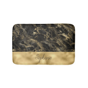Alfombrilla De Baño Mármol Monograma Negro y Dorado