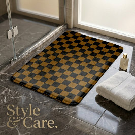 Alfombrilla De Baño Marrón Sólido con Patrón de Cuadrado Negro