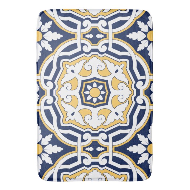 Alfombrilla De Baño Marroquí azul intenso amarillo intrincado geométri (Frente vertical)