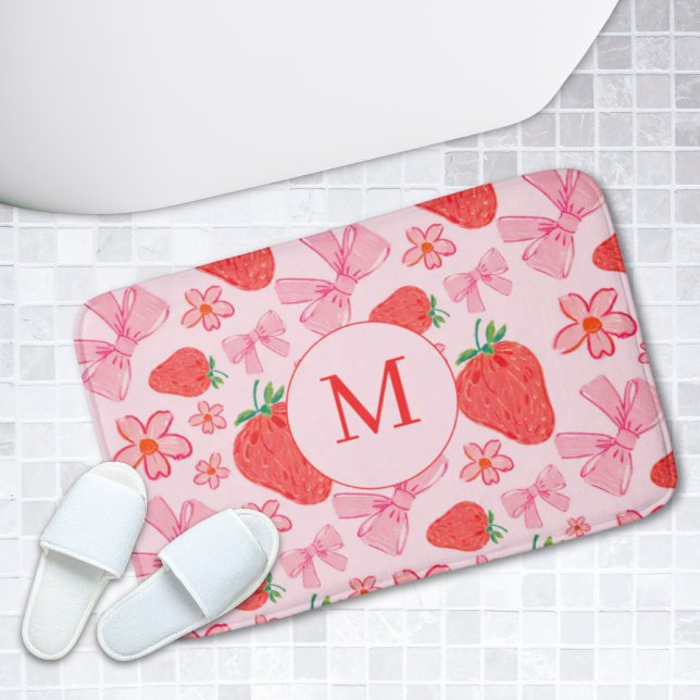 Alfombrilla De Baño Mat de baño de Bow y fresa rosada monograma (Pink Bow & Strawberry Girly Monogram Bath Mat
)