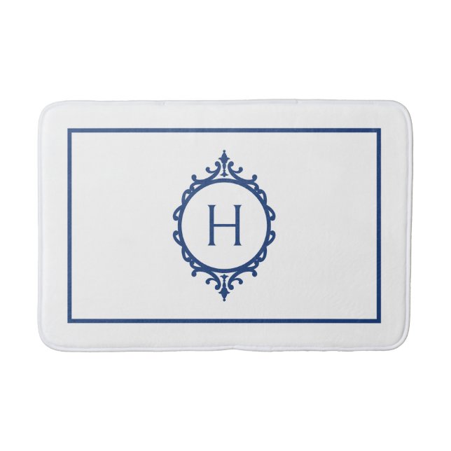Alfombrilla De Baño Mat de baño monogramado azul y blanco (Anverso)