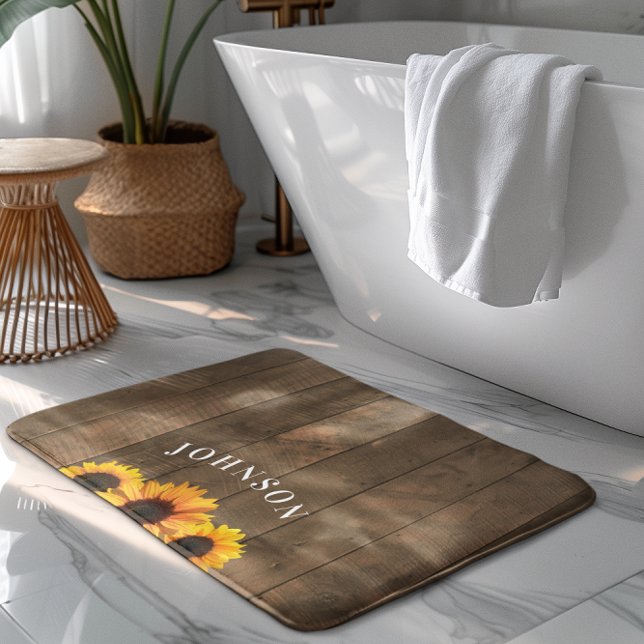 Alfombrilla De Baño Mata de baño personalizada Rustic Wood & Sunflower (Subido por el creador)