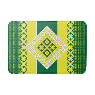 Alfombrilla De Baño Medallón geométrico verde amarillo de arte folclór