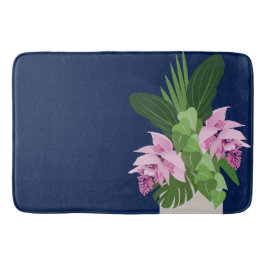 Alfombrilla De Baño Medinilla tropical Vasa de flores rosadas en azul 