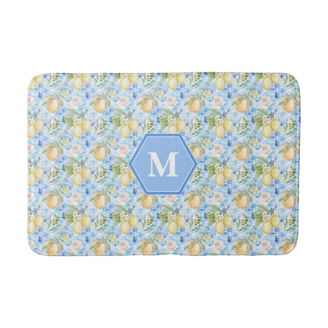 Alfombrilla De Baño Mediterranean Blue Tile Limoncello Monogram Name (Anverso)