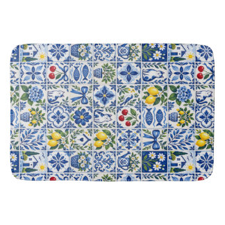 Alfombrilla De Baño Mediterranean Lemon Blue Tile Citrus Garden