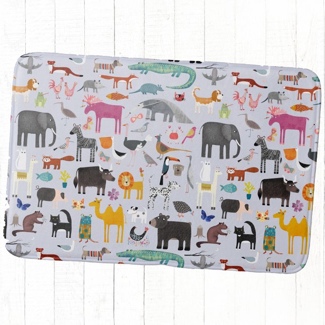 Alfombrilla De Baño Menagerie animal (Fun animal menagerie with wild, safari, zoo and pet animals and birds pattern bath mat)