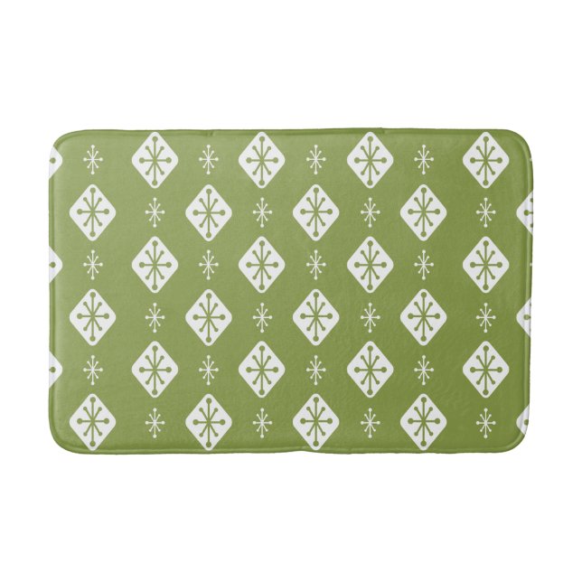Alfombrilla De Baño Midcentury Starbursts Diamonds Olive Green (Anverso)