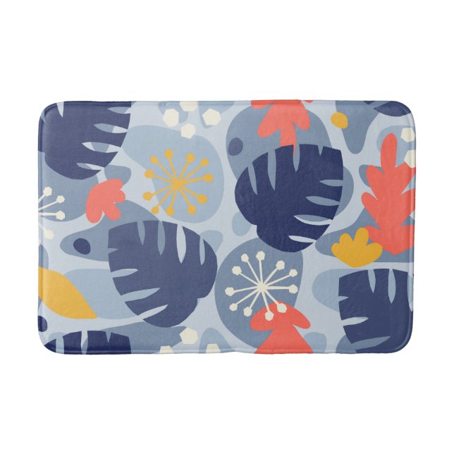 Alfombrilla De Baño Mod Monstera Leaf Resumen Tropical Hawaiano - Azul (Anverso)
